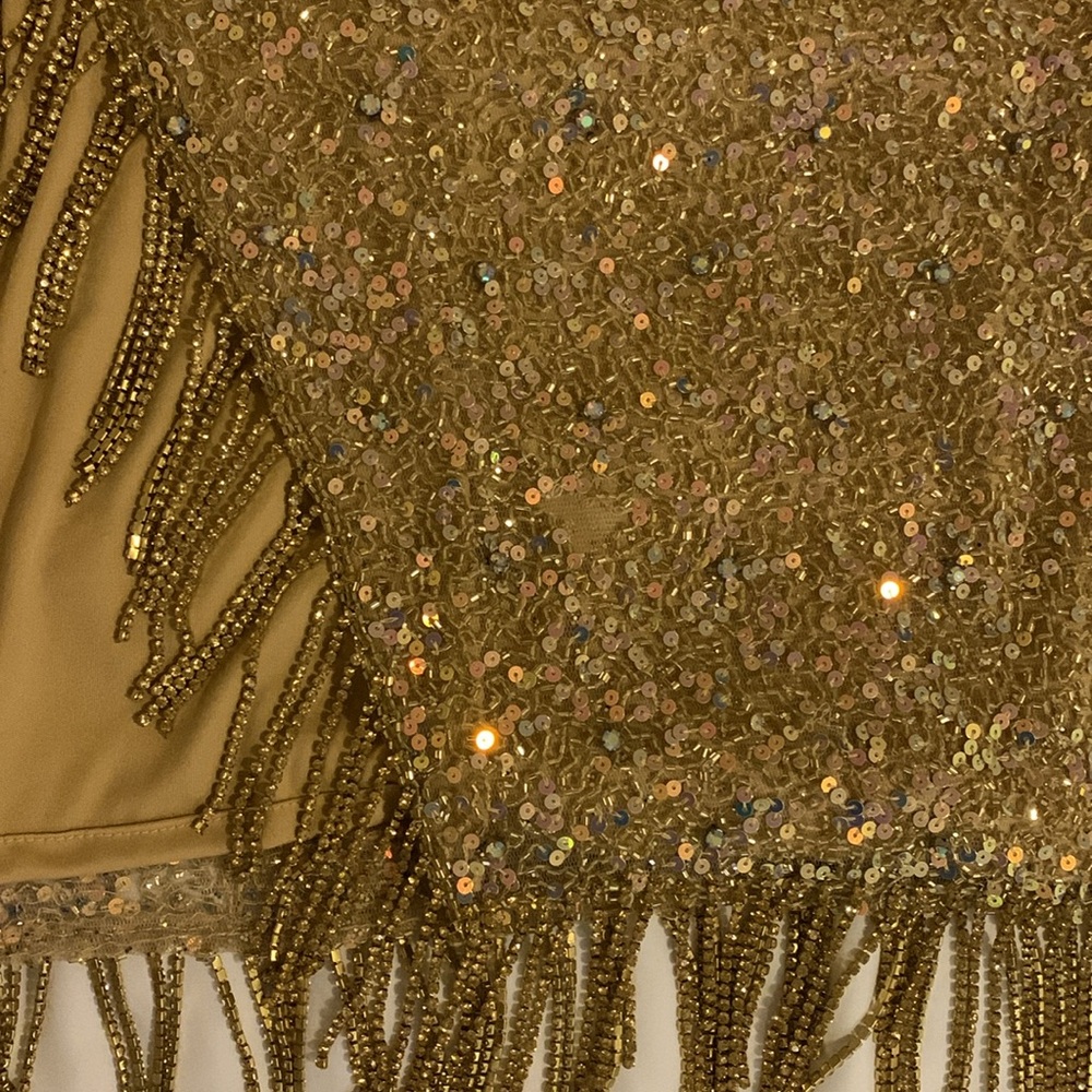Portia and Scarlett Gold One-Shoulder Dress with Fringe - Picture 4 of 6